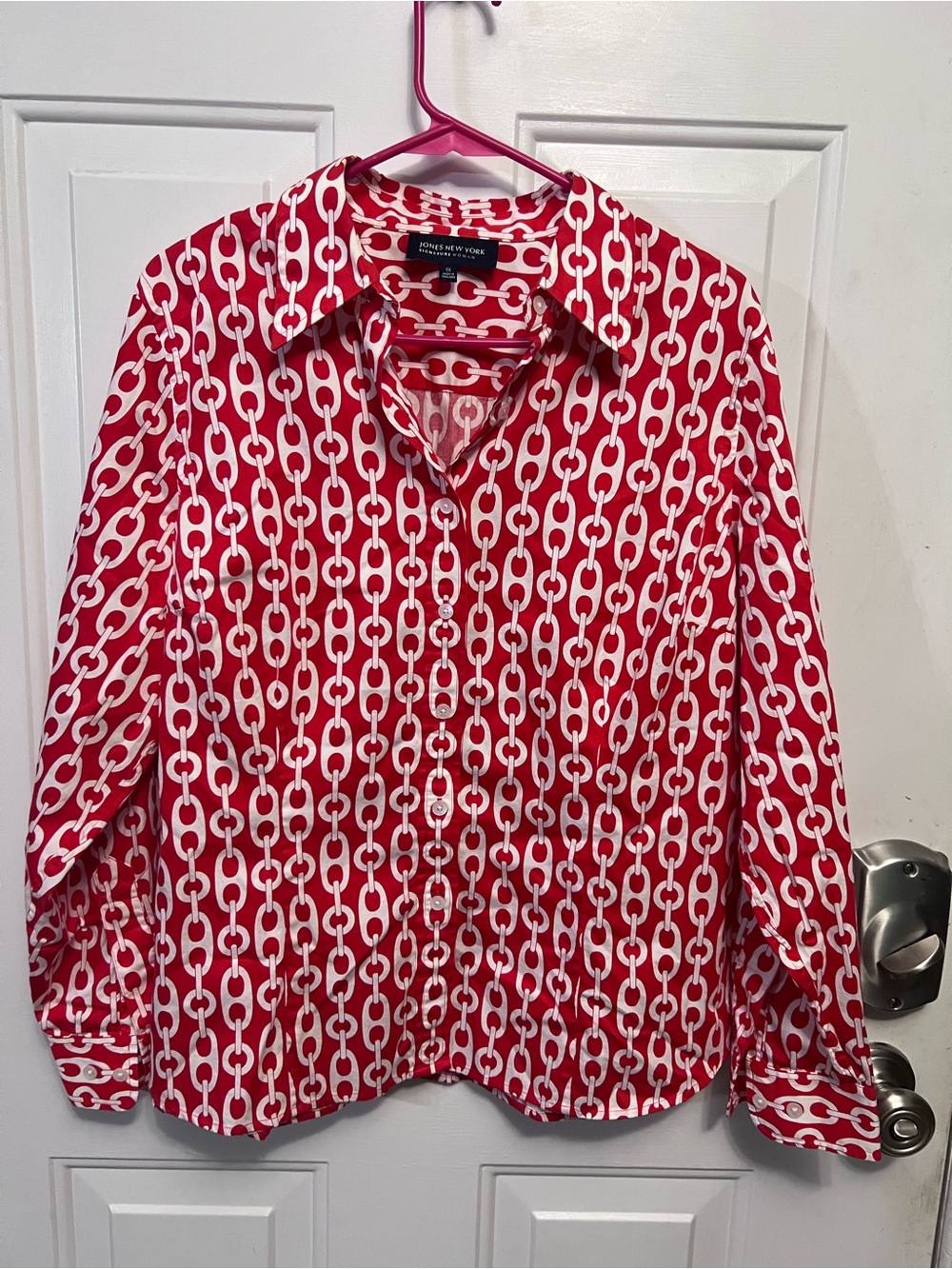 Jones New York Signature Woman 1X Red White Chain Print Button Down Blouse